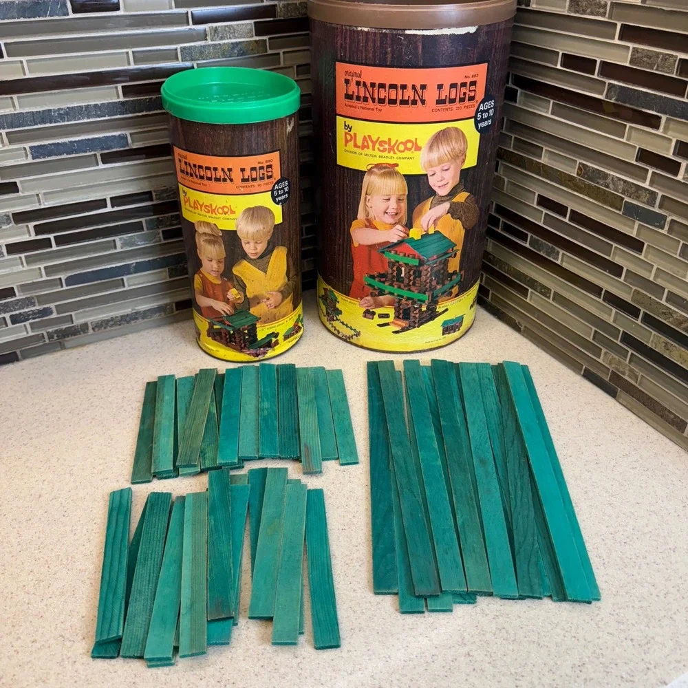 VTG Playskool Lincoln Logs Wood Building Sets No #890 & #893 w/ Canisters 300pc